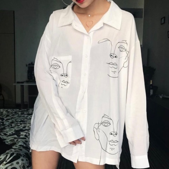 YesStyle Tops - Face Print Long Sleeve Button Down Shirt